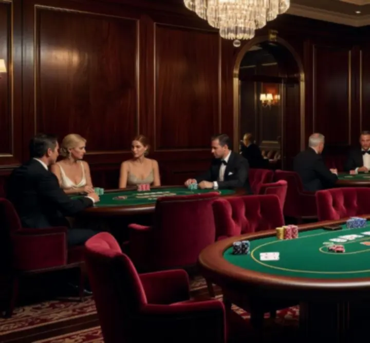 Stílusos, félhomályos poker lounge prémium asztalokkal és VIP hangulattal