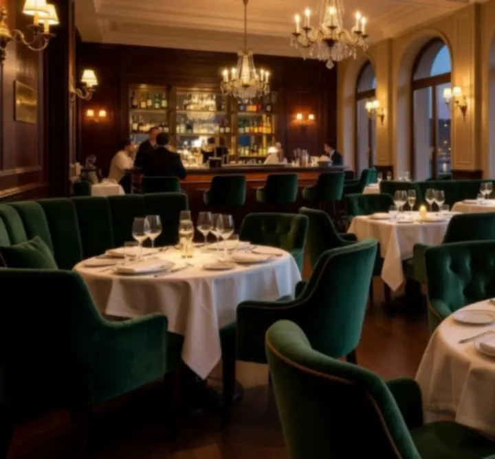 Elegáns éttermi enteriőr a Magyar Restaurant Clubban, hangulatos világítással és terített asztalokkal.