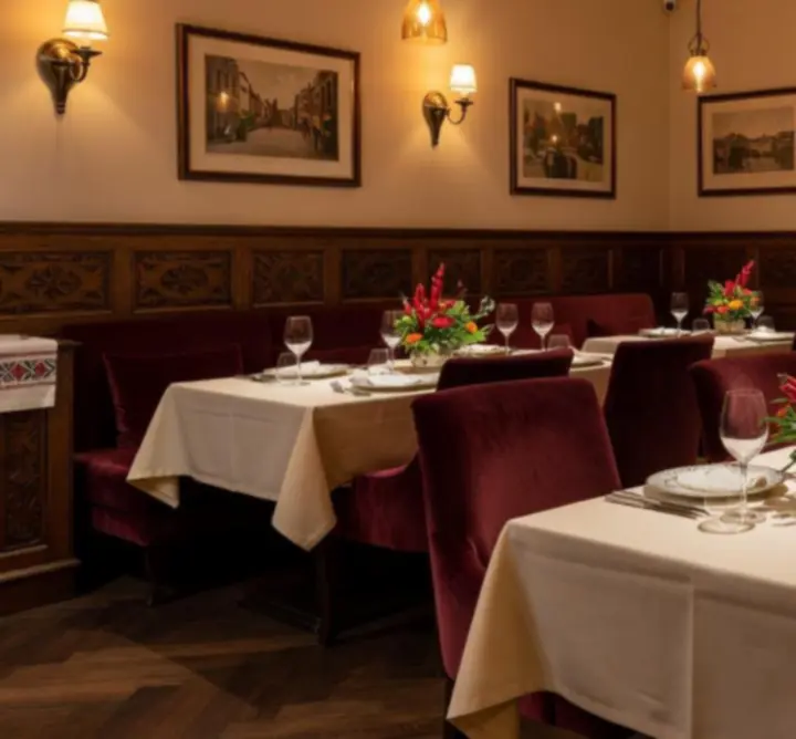 Elegáns, hangulatos éttermi tér a Magyar Restaurant Clubban gondosan megterített asztalokkal.